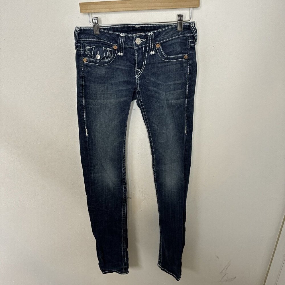 True Religion Julie Big T Woman 27X34 Skinny Stretch Blue Jeans Flap Pocket EUC - Picture 2 of 8